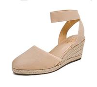 Dream Pairs - Sandali da Donna Elastici alla Caviglia, con Zeppa, Beige (Nude), 36.5 EU
