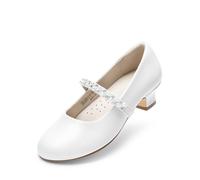 DREAM PAIRS Scarpe da bambina con tacco basso Mary Jane con perle e strass a forma di fiore, per feste di nozze, bianco, 28 EU