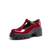 DREAM PAIRS Scarpe Mary Jane Plateau da Donna con Cinturino a T Tacco Grosso Punta Chiusa Comode Eleganti Scarpe da Casual Sera Lolita,Size 38.5,Rosso,DWUMPU2571