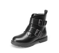 DREAM PAIRS Stivaletti da combattimento per ragazze, con cerniera laterale, per bambini, con fibbie, per bambini piccoli e grandi, Nero-pu, 5 Big Kid