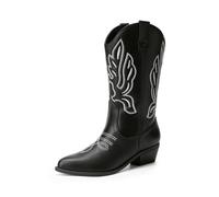 DREAM PAIRS Stivali da Cowboy Donna Stivali a Metà Polpaccio Da Donna Stivali da Cowgirl con Tacco Grosso Ricamati,Size 40,Nero-Pu,DWUMMB2419
