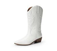 DREAM PAIRS Stivali da Cowboy Donna Stivali a Metà Polpaccio Da Donna Stivali da Cowgirl con Tacco Grosso Ricamati,Size 41,Bianco-Pu,DWUMMB2419