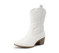 DREAM PAIRS Stivali Western da Donna a metà Polpaccio, Stivali da Cowboy con Punta a Punta e Tacco a Zeppa con Ricami,Size 36.5,Tutto Bianco,DWUMMB2505