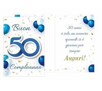 Dream' s Party Biglietto di Auguri i 50 anni - buon compleanno - con ciondolo in legno a forma di 50 blu - biglietto augurale completo di busta - MADE IN ITALY - ideale per accompagnare il regalo