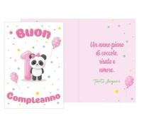 Dream' s Party Biglietto di Primo Compleanno - Bimba Bambina Rosa - Con Ciondolo a forma di Panda e numero 1 in Legno - biglietto augurale completo di busta - MADE IN ITALY