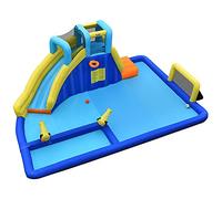 DREAMADE Castello Gonfiabile con Piscina con 2 Cannoni ad Acqua, Scivolo, Parete da Arrampicata, Porta da Calcio, Canestro, Pallacanestro e Calcio, 526x373x205 cm (senza Ventilatore)