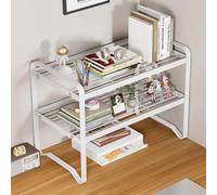 Dreamhousey Libreria da scrivania a 2 ripiani in ferro, per casa e ufficio, in metallo, scaffale per libri, espositore da bancone, piccola cucina multifunzionale (bianco)