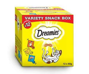 DREAMIES™ Variety Snack Box - cibo complementare per gatti (al gusto di pollo, formaggio e salmone) - 12x60g