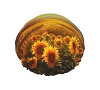 Dreamlike Sunset Of A Sunflower Field Cuffia da doccia da donna, a doppio strato, spessa, riutilizzabile, impermeabile, con fascia elastica, cappello da doccia lavabile, per uomini e donne, salone spa