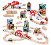 Dreamon 40 Pezzi Set di Treno in Legno Urbano per Età 3+, Binari del Treno | Compatibile Con Le Principali Marche-Espandibile, Case Impilabili Di Carta, Personaggi Con Diverse Professioni