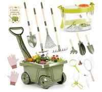Dreamon Carriola per Bambini 17PCS - Set Giardinaggio Bambini con Attrezzi Lunghi e Corti, Guanti, Kit Esplorazione con Scatola Insetti, Retino, Lente d’Ingrandimento - Gioco Educativo Esterno 3+ Ann