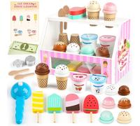 Dreamon Gelateria Giocattolo per Bambini 2 3 anni, 38 PEZZI Giocattoli in Legno Carretto Gelati Giocattolo, Giochi Bambini Montessori, Regalo Bambina 2 3 4 anni