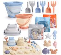 Dreamon Giochi Sabbia Bambini, 18 Pezzi Giochi Mare con Secchiello Spiaggia Bambini Pieghevole Paletta Borsa Rete Giochi Spiaggia (Blu, Arancione, Grigio)