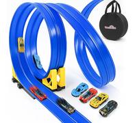 Dreamon Piste Macchinine per Bambini 3 4 5 6 7 Anni - 5 Metri - 4 Auto In Lega Rampe Borsa Portaoggetti Regalo per Bambino e Bambine