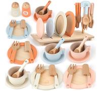 Dreamon Set di Piatti da Cucina Giocattolo in Legno per Bambini, 27 Pezzi Accessori Cucina Set da Gioco in Legno Cibo per Bambini Età 2 3 4 (Rosa)