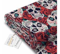 DreamRoots Tessuto Impermeabile al metro 160 cm Larghezza, 220 g/m² 600D, Stoffa per Cuscini Esterni - Red Roses Skull 1M
