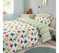 Dreamscene Copripiumino Dinosauro con Federa Reversibile Righe, Verde Bianco