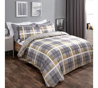 Dreamscene Set di biancheria da letto con copripiumino e federa, reversibile, motivo tartan, colore: giallo ocra, grigio antracite, 2 pezzi, singolo