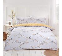 Dreamscene Set di biancheria da letto reversibile con copripiumino e federa, motivo floreale con uccellini, grigio, giallo ocra, matrimoniale