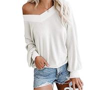 Dreamskull Signore Donne Pullover Camicette Camicia Maglione Lungo Top Maglietta Lunga Armadietto Elegante Manica con Spalle Scoperte T-Shirt Top Elasticizzato per Feste (M, Bianco)