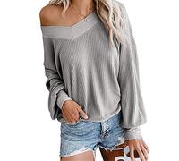 Dreamskull Signore Donne Pullover Camicette Camicia Maglione Lungo Top Maglietta Lunga Armadietto Elegante Manica con Spalle Scoperte T-Shirt Top Elasticizzato per Feste (L, Grigio)