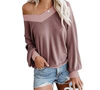 Dreamskull Signore Donne Pullover Camicette Camicia Maglione Lungo Top Maglietta Lunga Armadietto Elegante Manica con Spalle Scoperte T-Shirt Top Elasticizzato per Feste (L, Rosso)