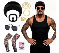 Dreamtop Costume da Ibiza Final Boss da uomo, completo e divertente per feste, con parrucca nera con taglio a ciotola, occhiali da sole con catena dorata, maniche tatuate, per Halloween, carnevale