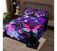 Dreamy Butterfly - Set copripiumino per letto singolo, con motivo galassia e cielo sognante, leggero, con fiori viola e blu, con stampa di farfalle 3D, 2 pezzi (1 trapunta, 1 federa)