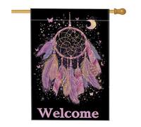 Dreamy Catcher Bandiera da giardino, con piume viola, decorazione per la casa, decorazione per prato esterno per primavera estate, stile cartello di benvenuto, accenti di farfalla, 71 x 101 cm