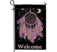 Dreamy Catcher - Bandiera da giardino con piume viola, decorazione per la casa, double face, decorazione per prato esterno per primavera estate, segno di benvenuto, accenti a farfalla, 30,5 x 45,7 cm