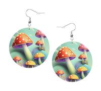 Dreamy Little Mushroom - Orecchini rotondi in pelle PVC stampata su entrambi i lati, con ganci placcati in argento 925, taglia unica, argento Sterling e pietra dorata, One Size, Argento sterling