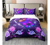 Dreamy - Set copripiumino per letto singolo con farfalle viola, per bambini e ragazzi, motivo: misterioso universo galassia, 2 pezzi, motivo cielo stellato (non piumino), romantico motivo floreale con
