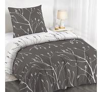 Dreamzie Copripiumino Singolo 135x200 cm con 1 Federe 80x80 cm - In Microfibra - Motivo a Rametti Grigi - Set Copripiumino Singolo 135X200