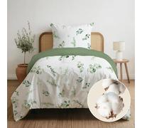 Dreamzie - Cotone 100% Copripiumino Una piazza e mezza 140x200 cm - 2 Pezzi (1 Copripiumino + 1 Federa 65x65 cm) - Foglie Verdi - Chiusura lampo - Oeko-Tex