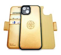 dreem Fibonacci compatibile con iPhone 14 & iPhone 16e custodia a portafoglio/custodia antiurto 3 in 1 e folio in pelle vegana staccabile, compatibile con MagSafe, protezione RFID [Oro]