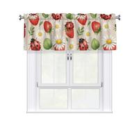 Drekrid Mantovane per finestre, fiori di fragola, coccinella, corte, piccole, morbide, filtranti la luce, tende da cucina per bar, camera da letto, cantina, bagno, tasca per asta, 137 x 46 cm, 1
