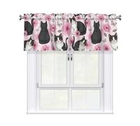 Drekrid Mantovane per finestre, graziosi gatti e fiori filtranti la luce, corte e morbide, tende da cucina per bar, cantina, bagno, camera da letto, tasca per bastone, 137 x 46 cm, 1 pannello