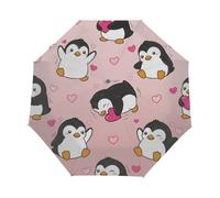 Drekrid Ombrello da viaggio per la pioggia, con graziosi pinguini e cuori, antivento, automatico, pieghevole al contrario, da donna, con apertura automatica, piccolo e compatto, per pendolari, auto