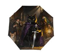 Drekrid Ombrello da viaggio per la pioggia, ombrello nero con gatto cavaliere antivento, ombrello pieghevole automatico inverso per donne, apertura automatica, piccolo ombrello compatto carino per