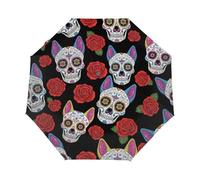 Drekrid Ombrello da viaggio per la pioggia, ombrello pieghevole con teschio di zucchero rosa, compatto, automatico, pieghevole, per bambini e donne, grazioso piccolo ombrello con apertura automatica