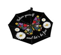 Drekrid Ombrello da viaggio per pioggia e sole - Ombrello compatto antivento pieghevole automatico inverso con farfalla floreale per bambini e donne, grazioso piccolo ombrello con apertura automatica