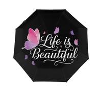 Drekrid Ombrello da viaggio per pioggia, Life is Beautiful, antivento, automatico, pieghevole al contrario, da donna, con apertura automatica, piccolo e compatto, per pendolari, auto, zaino