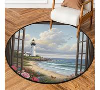 Drekrid Tappeto rotondo da 1,5 m, motivo: faro e fiori da spiaggia, lavabile, per interni, antiscivolo, per camera da letto, soggiorno, divano, sotto il tavolo da pranzo, decorazione estetica