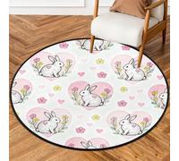 Drekrid Tappeto rotondo da 160 cm, motivo floreale con coniglietto e cuore, lavabile, antiscivolo, per interni, camera da letto, soggiorno, divano, sotto il tavolo da pranzo, decorazione estetica