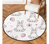 Drekrid Tappeto rotondo da 90 cm, lavabile, con coniglietto e cuore e fragola, per ingresso, antiscivolo, per interni, camera da letto, soggiorno, divano, sotto il tavolo da pranzo, decorazione
