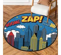 Drekrid Tappeto rotondo da 90 cm, motivo skyline della città, colore: blu, antiscivolo, lavabile, per interni, per soggiorno, divano, camera da letto, sotto il tavolo da pranzo, decorazione estetica