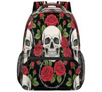 Drekrid Zaino scolastico da viaggio per donne e uomini, con teschio gotico e rosa rossa, leggero, adatto per laptop da 15,6 pollici, per studenti universitari, scuole medie, adolescenti