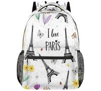 Drekrid Zaino scolastico da viaggio per ragazzi e ragazze - I Love Paris Torre Eiffel leggero zaino per libri adatto per laptop da 15,6 pollici per donne, uomini, adolescenti, studenti universitari