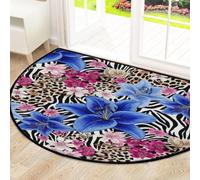 Drekrid Zerbino a semicircolare grande, con stampa leopardata e giglio blu, lavabile, antiscivolo, semicircolare e assorbente, per cucina, bagno, camera da letto, 160 x 100 cm