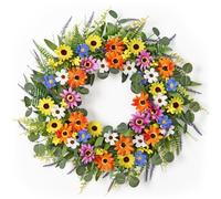 Dremisland Ghirlanda primaverile per porta d'ingresso, 55,9 cm, ghirlanda di eucalipto artificiale, margherita colorata, fiori di campo finti lavanda per interni ed esterni, decorazione da parete per